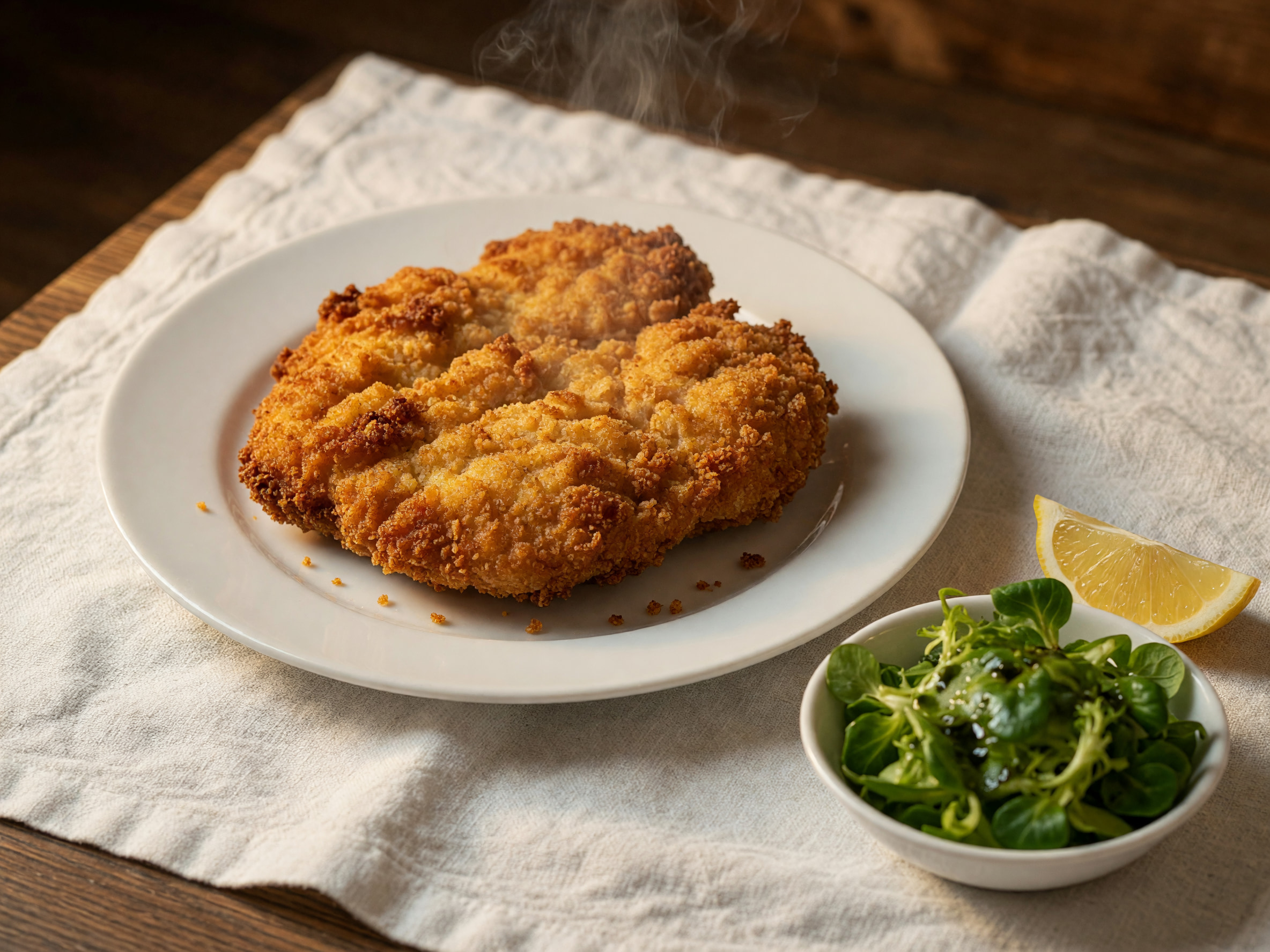 Goldbraun gebackenes Backhendl mit Blattsalat und Zitrone auf weißem Leinentischtuch